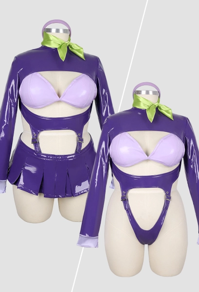 Plus Size Daphne Derivative Sexy Cosplay Lingerie Costume Outfit Purple Hollow Bodysuit with Bra and Skirt