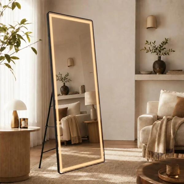 LED Full Length Mirror with Hand Wave Sensor, 65" x 24" Black Framed Lighted Floor Mirror, 3 Color Dimmable Lighting, Wall Mounted or Freestanding