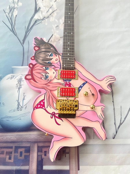 Pink  Electric Guitar Anime Character Design Dual Red Pickups Gold Hardware
