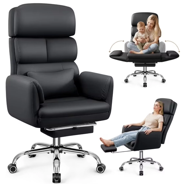 COOLHUT Big and Tall Office Chair 500LBS, Wide Seat Executive Office Desk Chair with Adjuatable Armrests and Headrest, PU Leather Hight Back Computer Chair with Footrest and Lumbar Suppor, Black