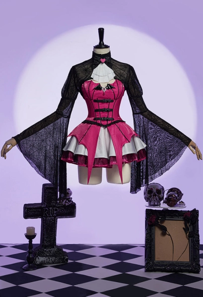 MH Drac Girl Derivative Gothic Corset Skirt Set: Unregelmäßiges Fledermaus-Top und mehrlagiger Rock mit Netzüberwurf