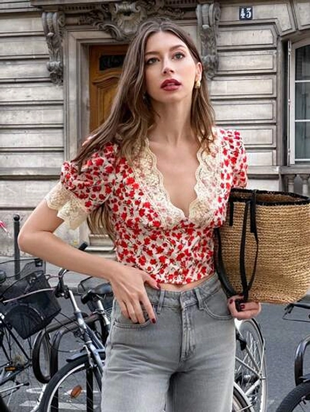 Pariaura Blusa elegante y vintage de mujer con cuello en V, cintura ceñida y parches de encaje floral rojo