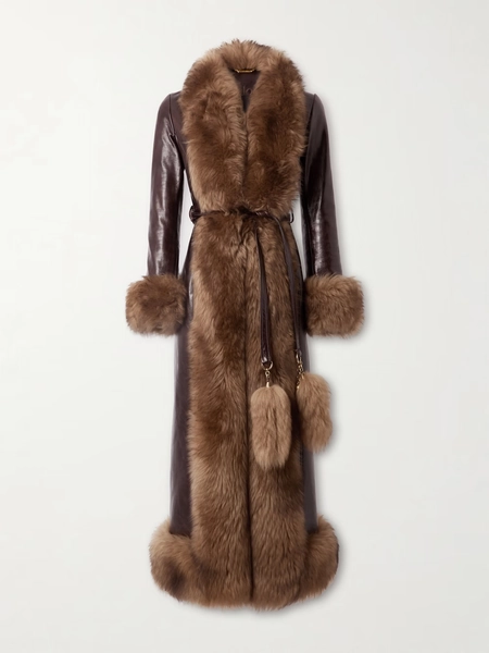 Fleece-trimmed belted leather coat - brown - FR 34