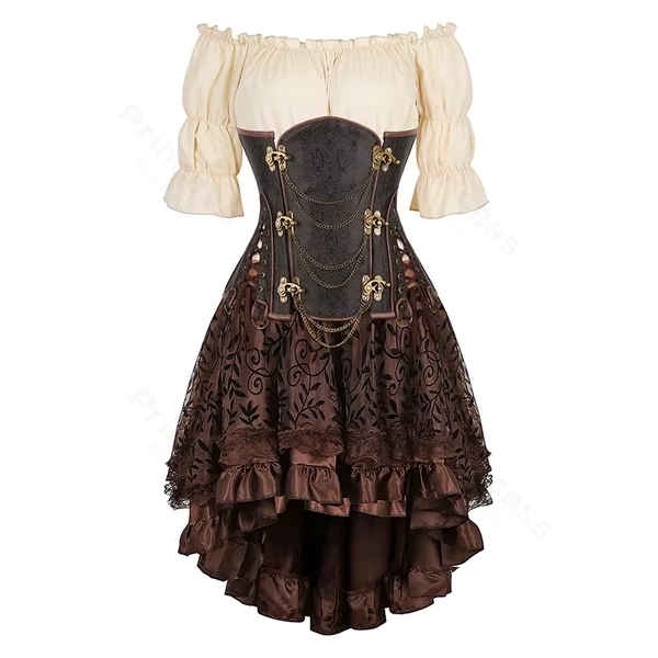 Steampunk korsetjurk bruin piraatkostuum blouse schouder off onderborst korset plus size cosplay piratenjurken voor dames $ # % # ^ - AliExpress 