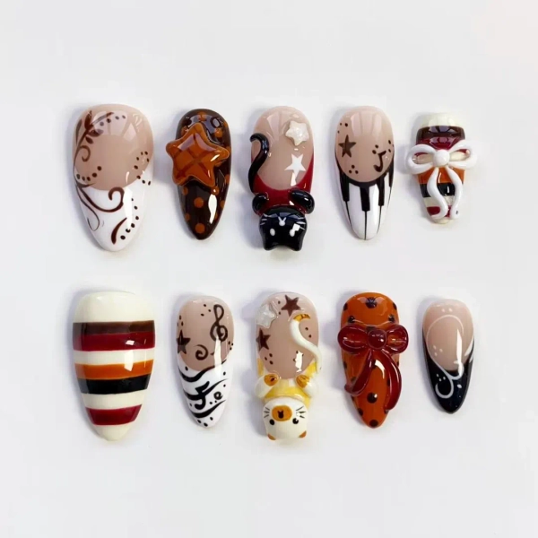 3D Kawaii Cute Cat Nails/brown Polka Dots Nails Press on Nails Long Almond Nails/bow Piano Nails/star Nails/custom Nails/birthday Nails - Etsy