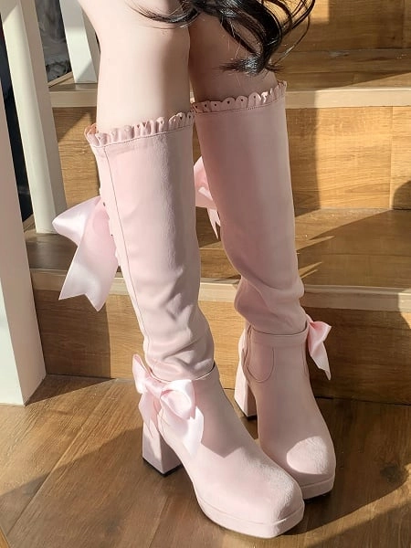 [$55.00]9cm Heeled Elegant Pink Knee-high Boots - Ornamental Lace-up Back & Inner Zip Closure