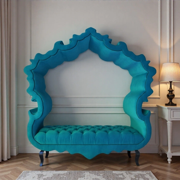 Uniquely shaped teal leisure bench