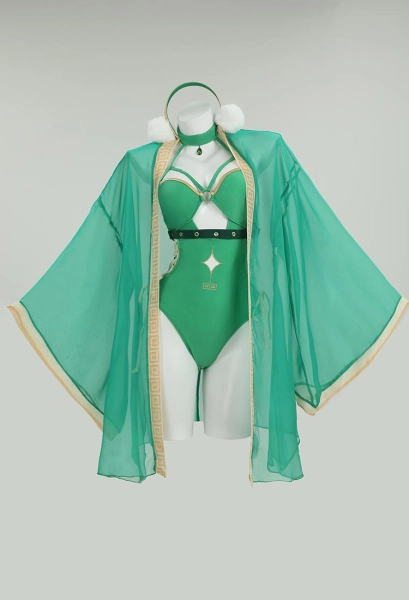 Toph Beifong Derivative One-Piece Swimsuit Green Halter Hollow Side Lace-Up Bathing Suit with Chiffon Cover-Up and Hariband