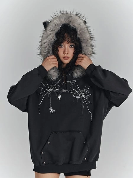 Dark Gray Punk Faux Fur Trim Cat Ear Hoodie with Spiderweb Print