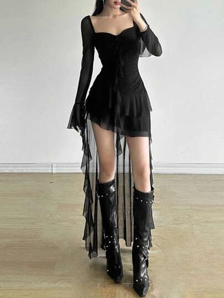 Vestido Longo de Manga Comprida com Gola Quadrada, Cintura Alta, Ajustado, Cor Sólida Vibrante, Bainha Assimétrica, Adequado para Festas e Ocasiões Casuais