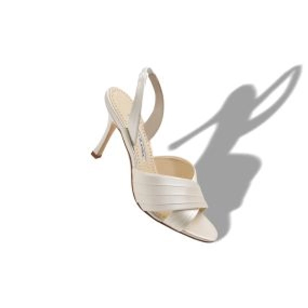 Manolo Blahnik VIERASAN Light Cream Satin Pleated Detail Slingback Sandals