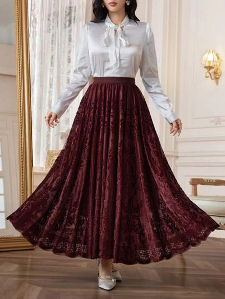 Modelyn Elegant Solid Color Lace Flare Skirt, Autumn Burgundy Maxi Women Outfit Fall Cloth For Women