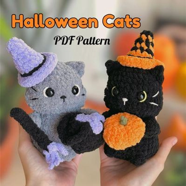 Halloween Cats Easy Crochet Pattern | Amigurumi Witch & Black Cat (PDF in English)