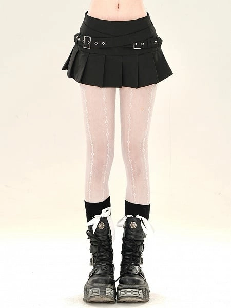 [$39.00]Black Criss-cross Buckle Straps Pleated Mini Skirt