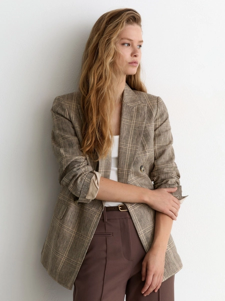Linen Double-Breasted Check Blazer in Neutral Check