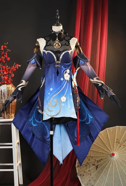 Genshin Impact Ganyu Cosplay Costume Halter Dress with Headpiece Gloves and Bowknot