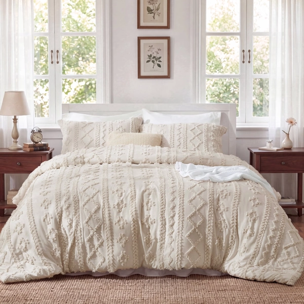 U by Bedsure Tufted Boho Comforter Set Queen, Beige, 3 Pieces Farmhouse Shabby Chic Embroidery Bedding Set, Soft Jacquard Comforter for All Seasons - Walmart.com