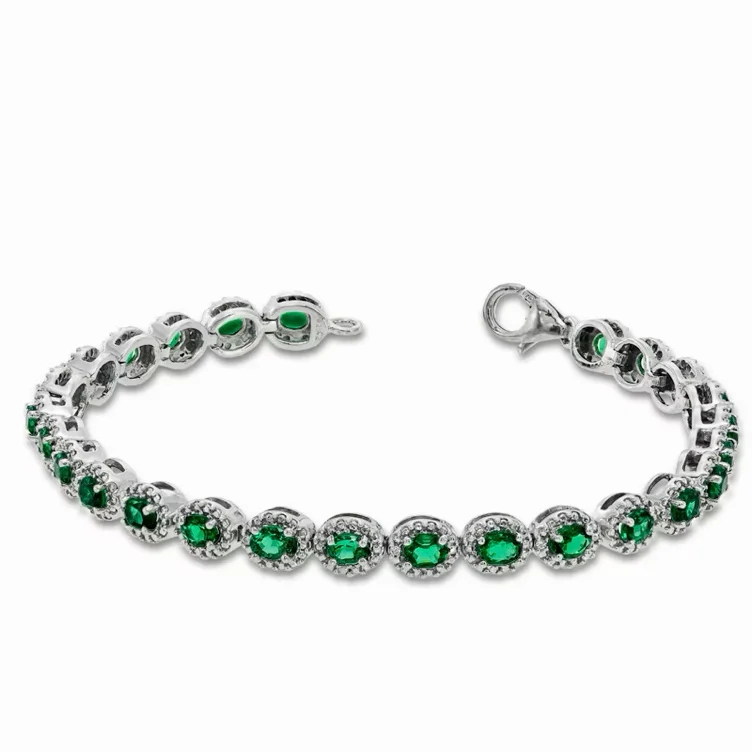 Oval Lab-Created Emerald and Diamond Accent Frame Bracelet in Sterling Silver - 7.5" | Zales
