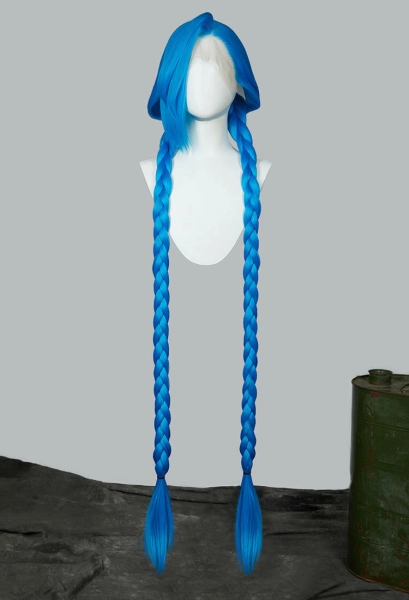 Arcane 2 LOL Jinx Cosplay Wig 140cm Full Front Lace Hand Tied Wig Blue Long Straight Wig