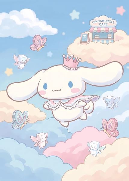 'Cinnamoroll Flying in Dreamy Sky' Poster, picture, metal print, paint by Hello Kitty and Friends | Displate