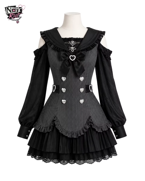 Gothic Lolita Jirai Kei 2 Piece Dress Set Women Striped Heart Cold Shoulder Long Sleeve Lace Trim Pleated Mini Dress Streetwear