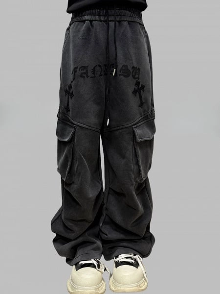 Dark Gray Punk Pants with Faded Wash Design, Cargo Pockets Accents & Letters And Cross Print