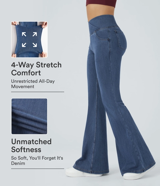 XS(Extra Tall) Washed Denim Bleached Blue Halara Flex™ High Waisted Crossover Pocket Washed Casual Jeans