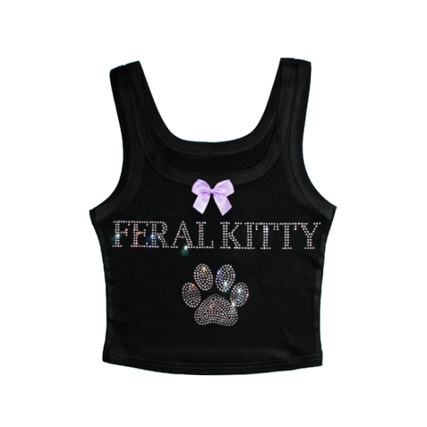 FERAL KITTY RHINESTONE SCOOP NECK TOP