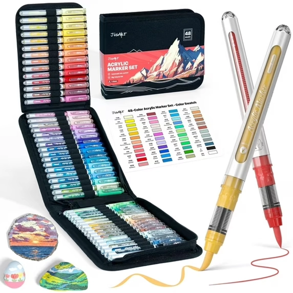 JusArt 48 Colors Acrylic Paint Markers with Canvas Bag, Water-Based No-Bleed Paint Pens with Automatic Ink Control System, Waterproof Brush Tip Markers for Rock, Egg, Wood, Fabric, Glass, DIY Crafts
