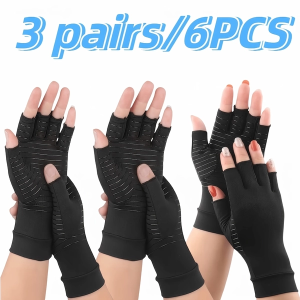 TEMU 3-pair Pack Of 6 Copper-infused Fiber Compression Gloves, Breathable And Flexible Support For Typing And Sports - Black Wrist Wraps For Men And
