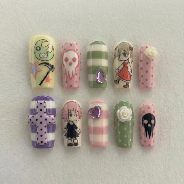 Crona & Maka Anime Press on Nails | Soul Eater Anime Nail Art | Kawaii Horror Nail Design | Long Coffin Statement Nails | JB271H - Etsy