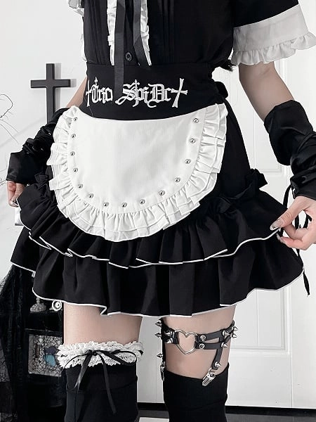 Gothic Black Tiered Ruffle Skirt with White Studded Apron & Waist Letter Embroidery