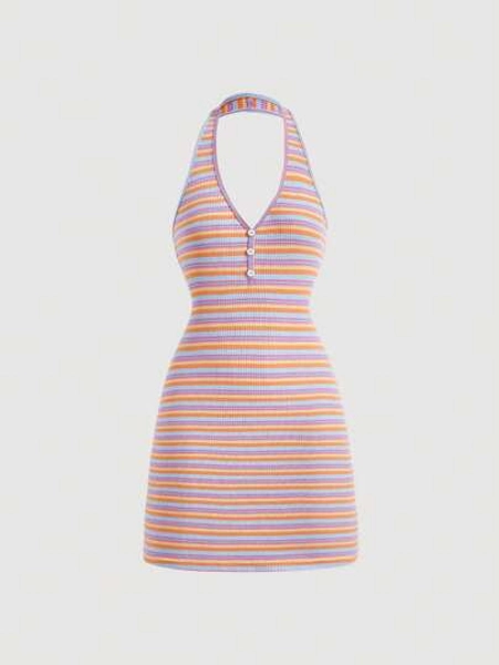 Striped Print Button Front Halter Neck Backless Dress