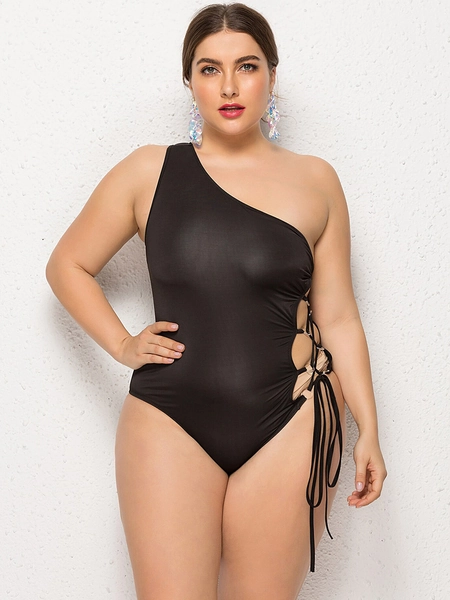 LULU & SKY Plus Size One-Shoulder Lace-Up Bodysuit
