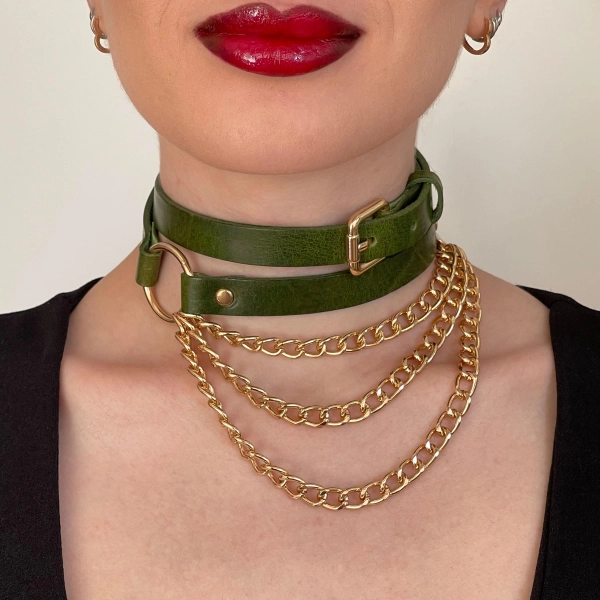 Green Leather Choker with Gold Chain, Double Strap Collar