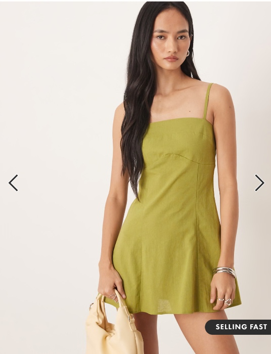 ASOS DESIGN cotton linen blend cami mini sundress with shaped bust in dark lime-Green