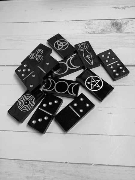 pagan symbol domino set | witchy resin dominoes | resin double six dominoes | sparkly black & silver domino set | set of 28 resin dominoes
