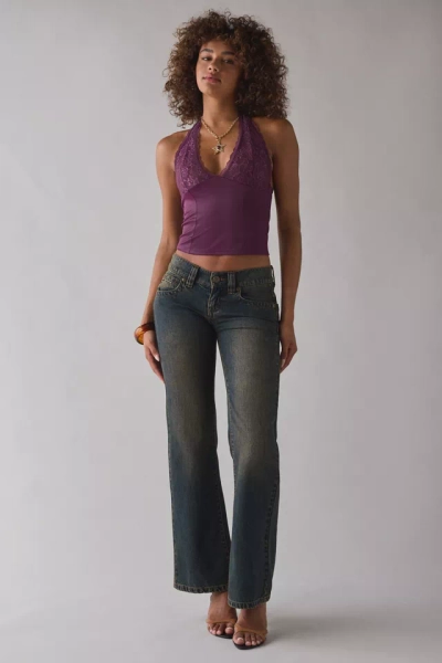 UO Luna Mixed Lace Trim Plunge Halter Top