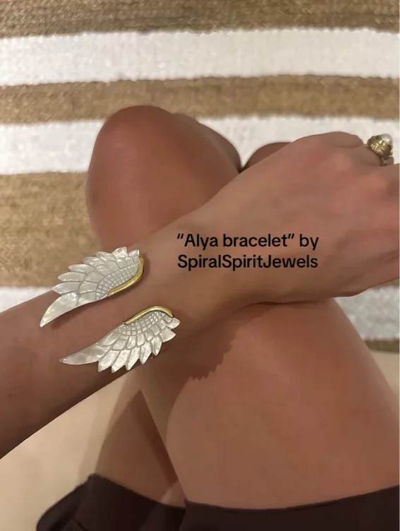 ALYA Angel White Mother pearl sea shell bracelet, wings jewelry, bohemian style, carved shell, Elven armlet, mermaid