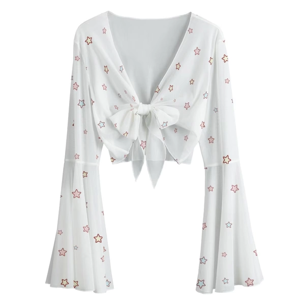Kawaii Star Crop Blouse Lightweight Long Sleeve Mesh Shirt with Lace-Up & Bell Sleeves