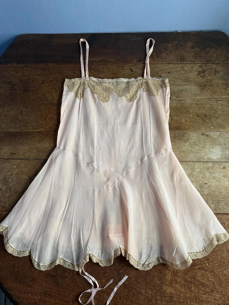 Antique Vintage 1920s Chemise Step In Pale Pink Silk Ecru Lace