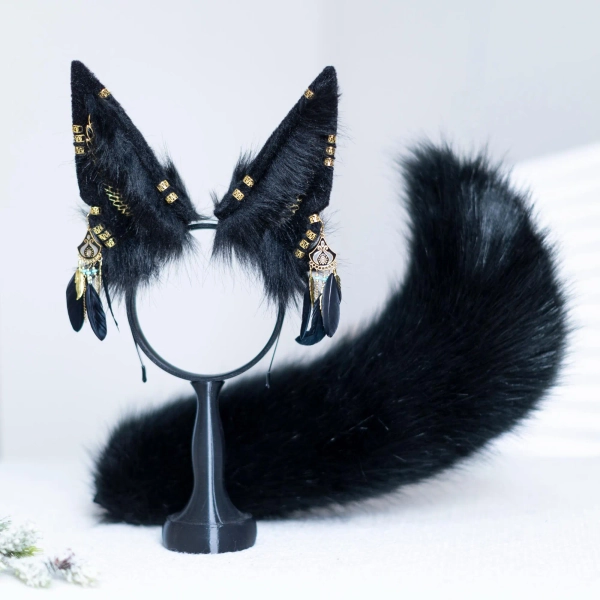 Faux Fur Anubis Ears and Tail Set | Fursuit Accessories for Cosplay, LARP, Furry Convention | Handmade Costume Props
