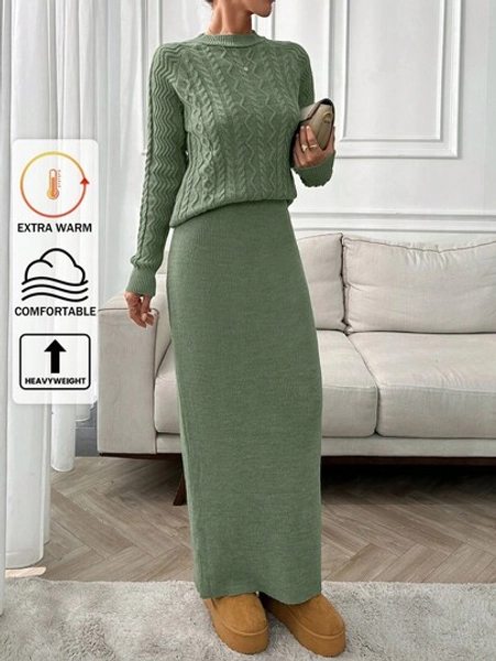 SHEIN Set elegante e semplice con maglione a trecce e gonna dritta midi