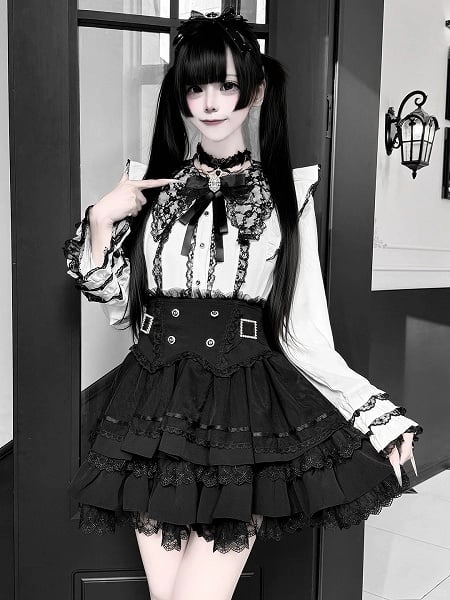[$68.00]White Jirai Kei Lace Trim Bell Sleeves Blouse + Black Multi-Layer Lace High-Waist Skirt + Bow Tie Set