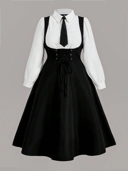 Sweetra Plus Size U-Neck Solid Color Contrast Drawstring Front Center Keyhole A-Line Long Sleeve Dress Maxi Women Outfit Fall Cloth For Women