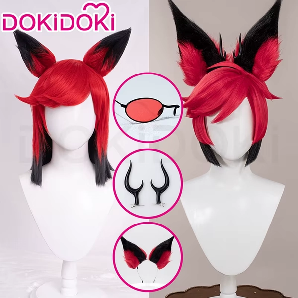 EN STOCK Alastor peluca Anime Cosplay DokiDoki pelo rojo negro Alastor Cosplay peluca prensada pelo orejas gafas guantes Halloween - AliExpress 200000532