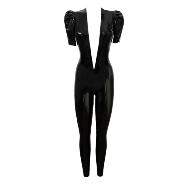 Latex Jessica Catsuit w/ deep v neck, Dressing for Pleasure Luxury Lubricant 20ml in supatex black