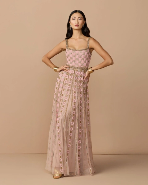 Robe Évasée Rose Sans Manches Ornée de Perles