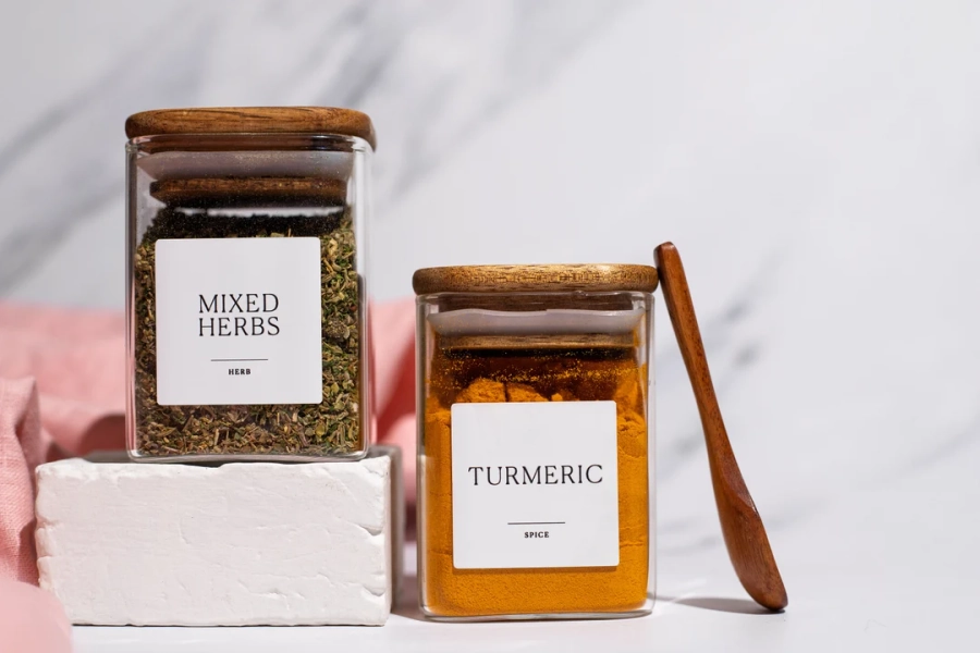 Square Glass Spice Jars With Acacia Wood Lids | Minimalist Labels - Etsy Italy