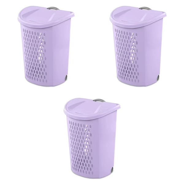 Sterilite Ultra™ Wheeled Hamper, Plastic Laundry Hamper with Wheels for Easy Transport, Lilac, 3 Pack